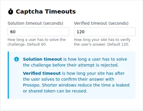 prosopo portal CAPTCHA timeout settings