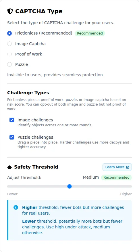 prosopo portal CAPTCHA type and safety threshold settings