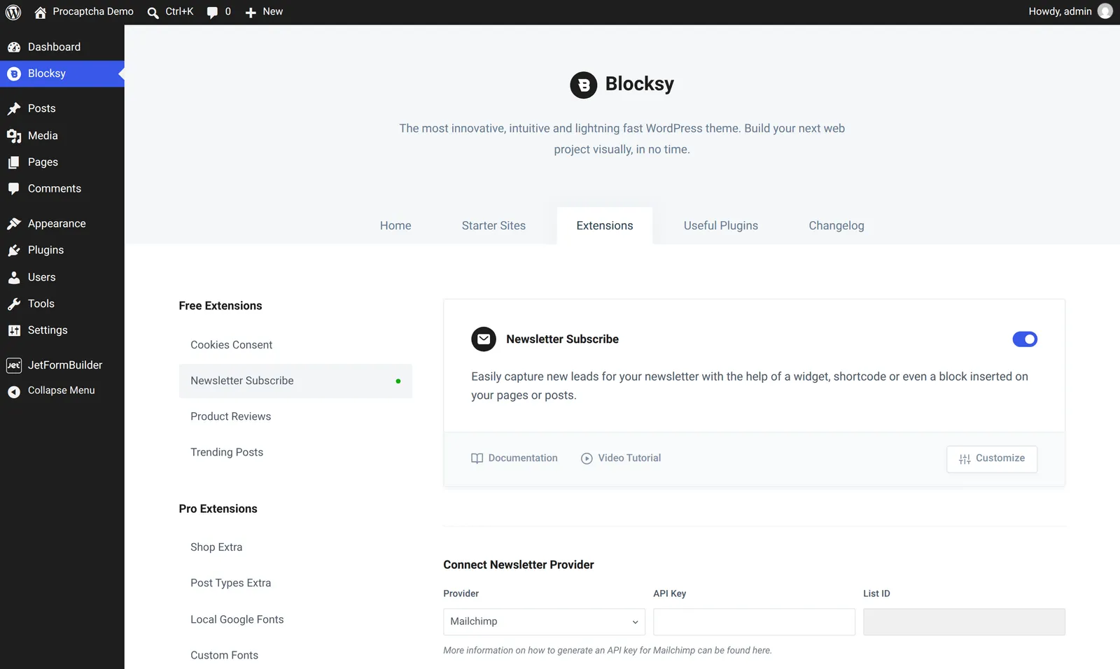 Enabling the Newsletter Subscribe extension on the Blocksy Extensions screen